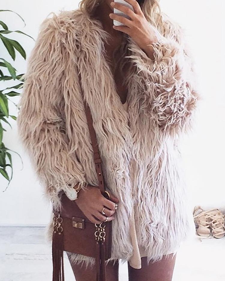 

Warm Faux Fur Fluffy Cropped Jacket, Beige