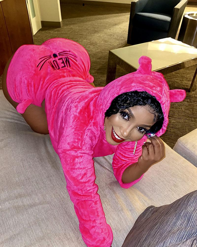 

Cat Embroidery Long Sleeve Hooded Top & Shorts Set, Hot pink