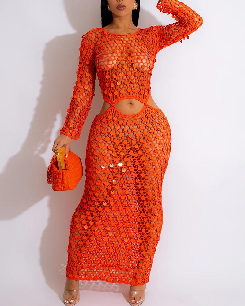 

Hollow Out Cutout Waist Crochet Cover Up Dress, Orange