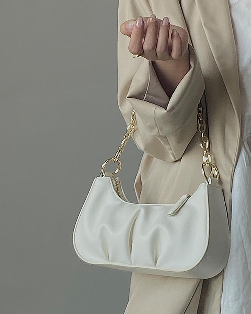 

Chain Decor Ruched Baguette Bag, White