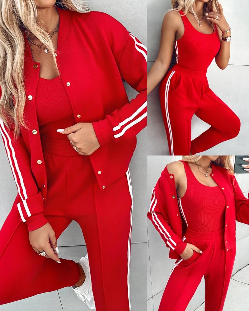 

3 Piece Outfits Matching Sets Striped Tape Patch Tank Tops Button Front Jacket Cuffed Pants with Pockets Tracksuit, Red