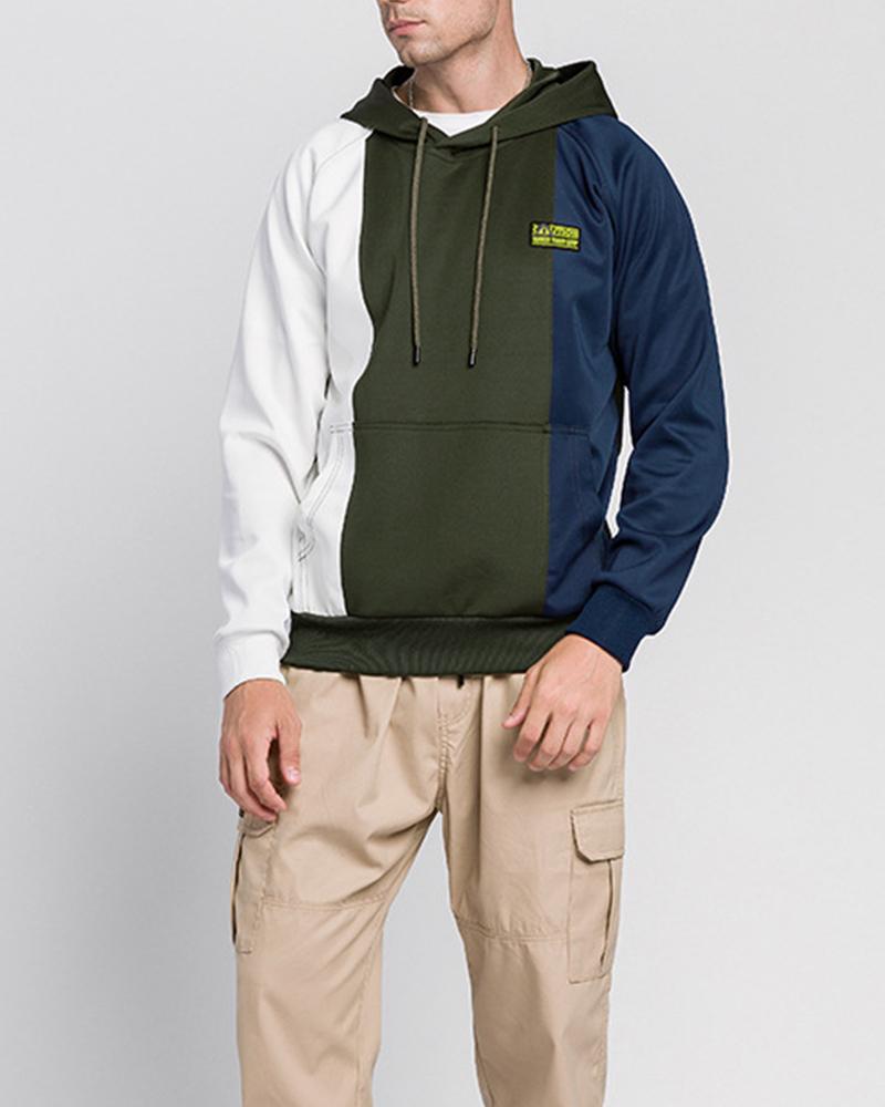 

Color Block Long Sleeve Hooded Sweatshirt, Army green