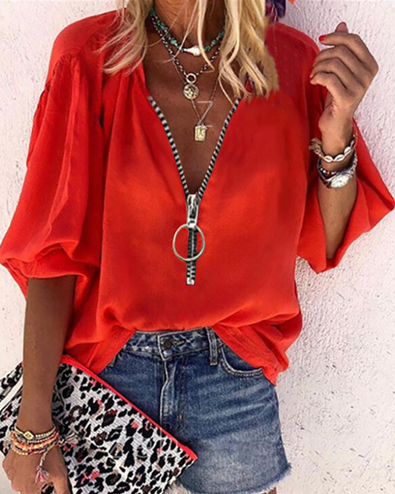 

Lantern Sleeve Zipper Design Casual Top, Red
