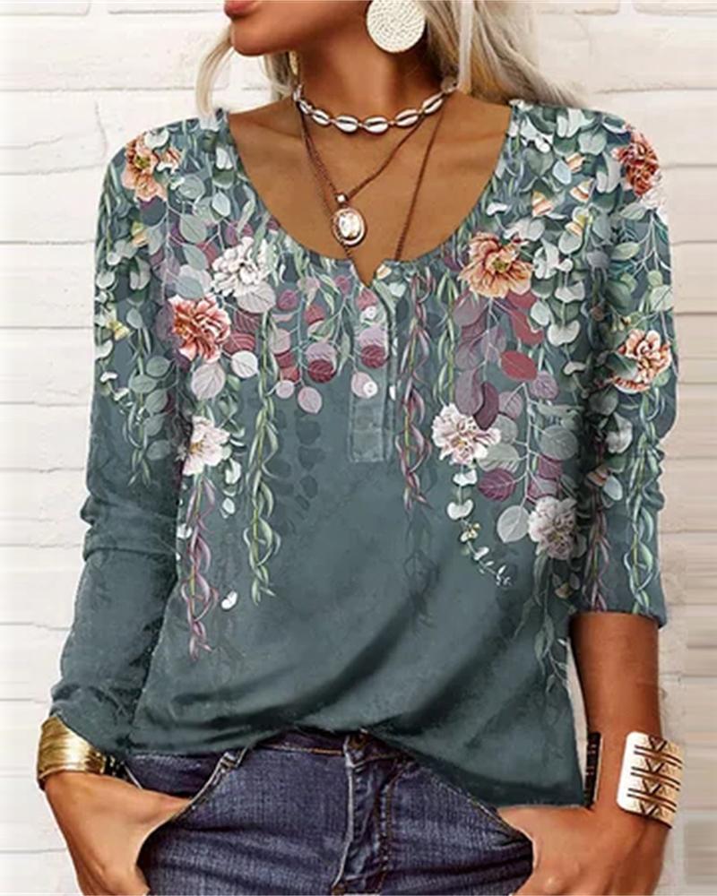 

Plants Print Long Sleeve Top, Blue