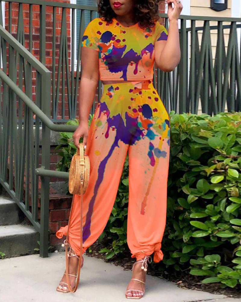 

Splash Ink Print Short Sleeve Top & Flared Pants Sets, Orange