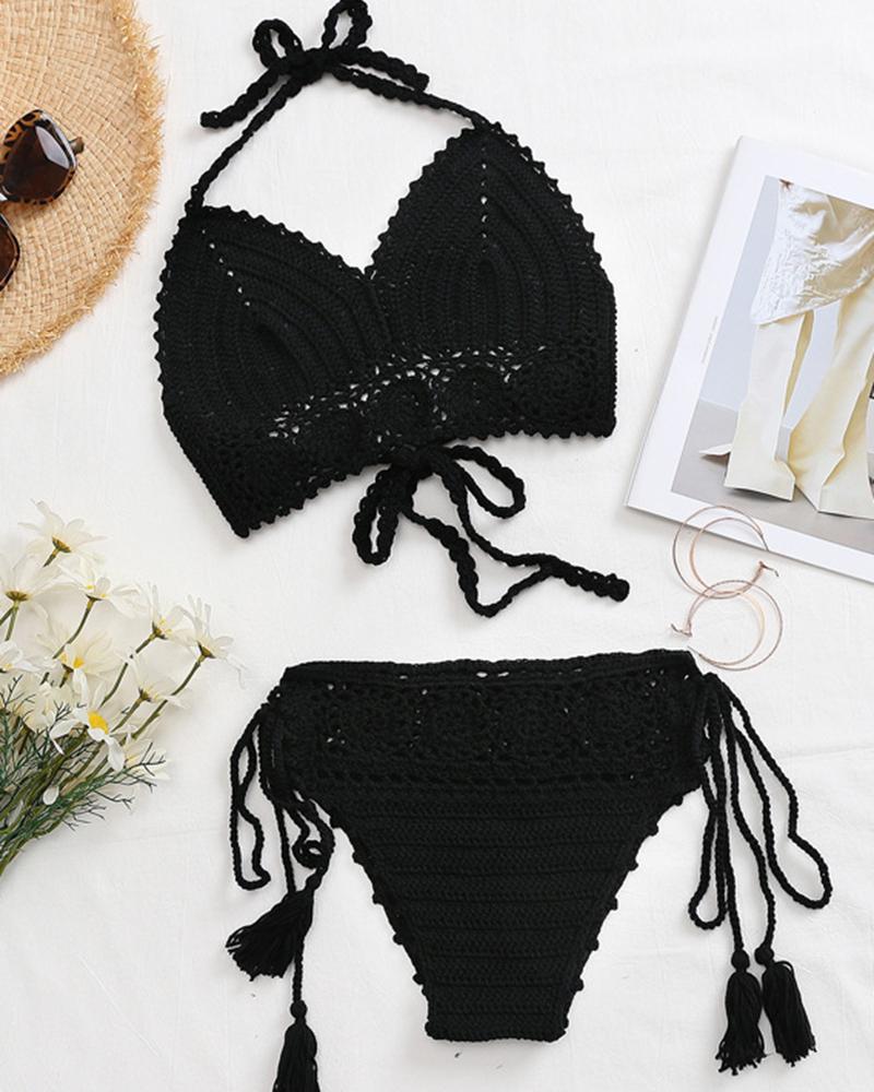 

Hollow Out Halter Tied Detail Crochet Bikini Set, Black