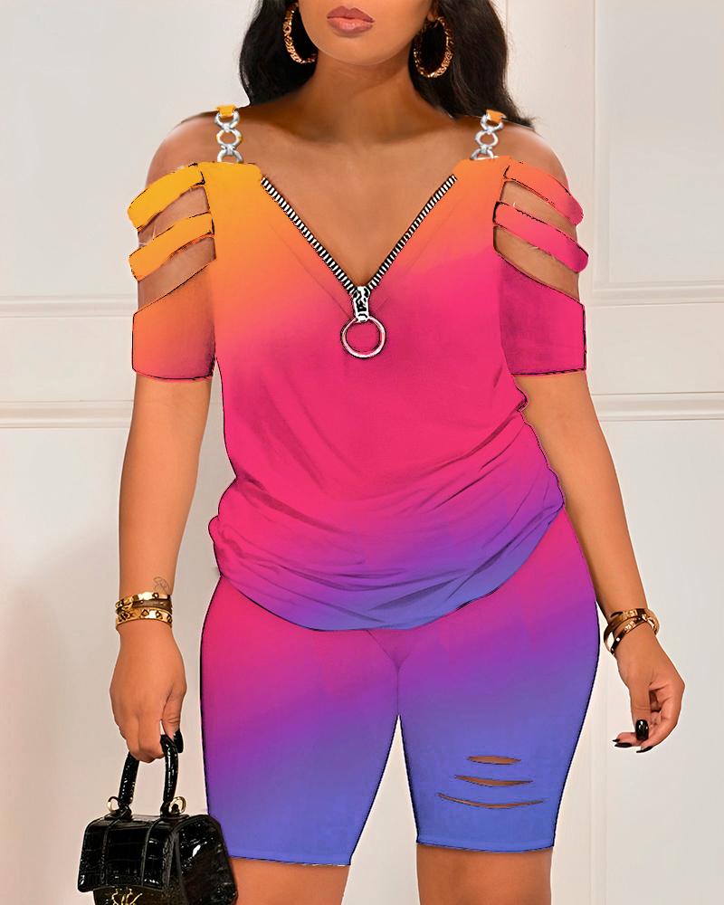 

Ombre Zipper Design Top & Ladder Cutout Shorts Set, Multicolor