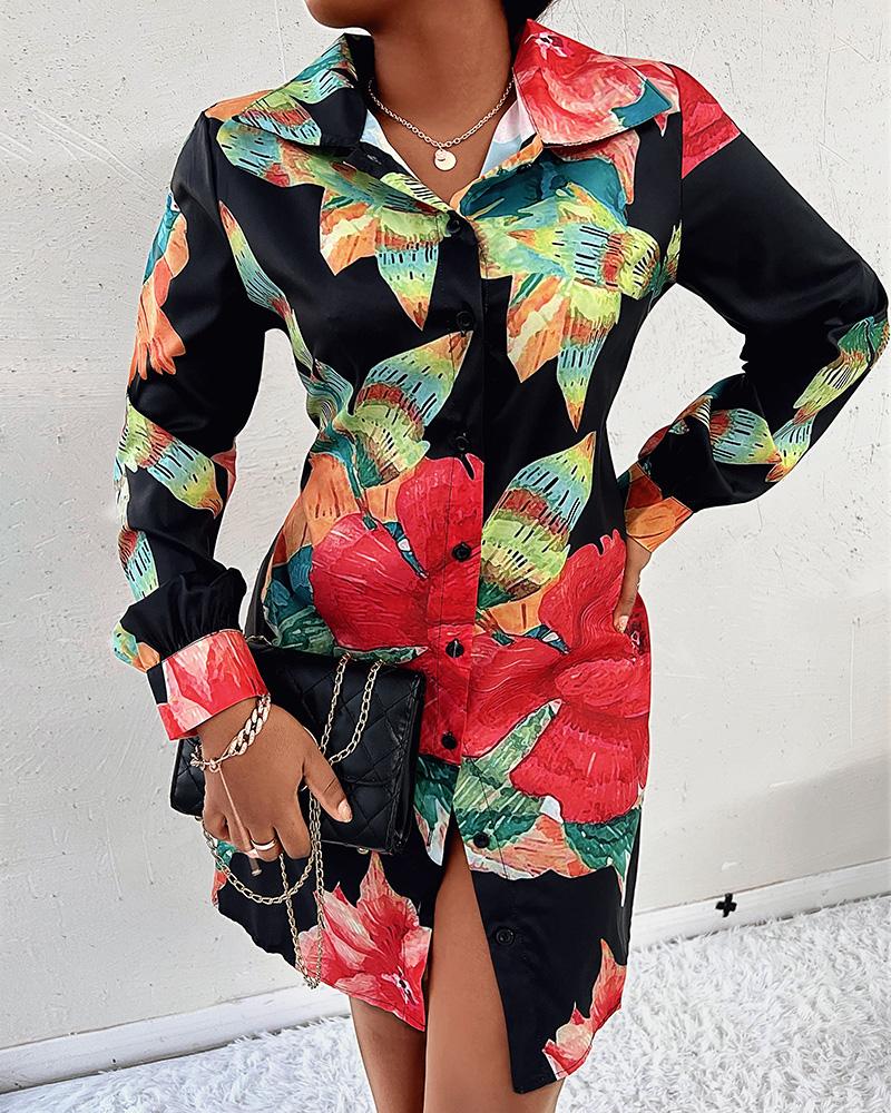 

Floral Print Button Front Shirt Dress, Multicolor