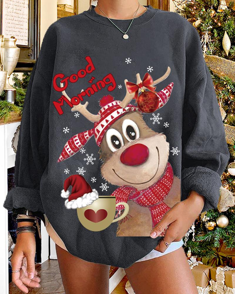 

Christmas O-neck Elk Cup Heart Letter Print Sweatshirt, Gray