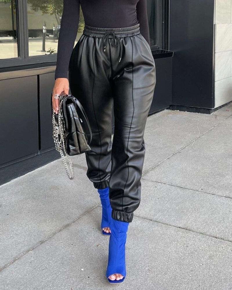 

PU Leather Drawstring High Waist Cuffed Pants, Black