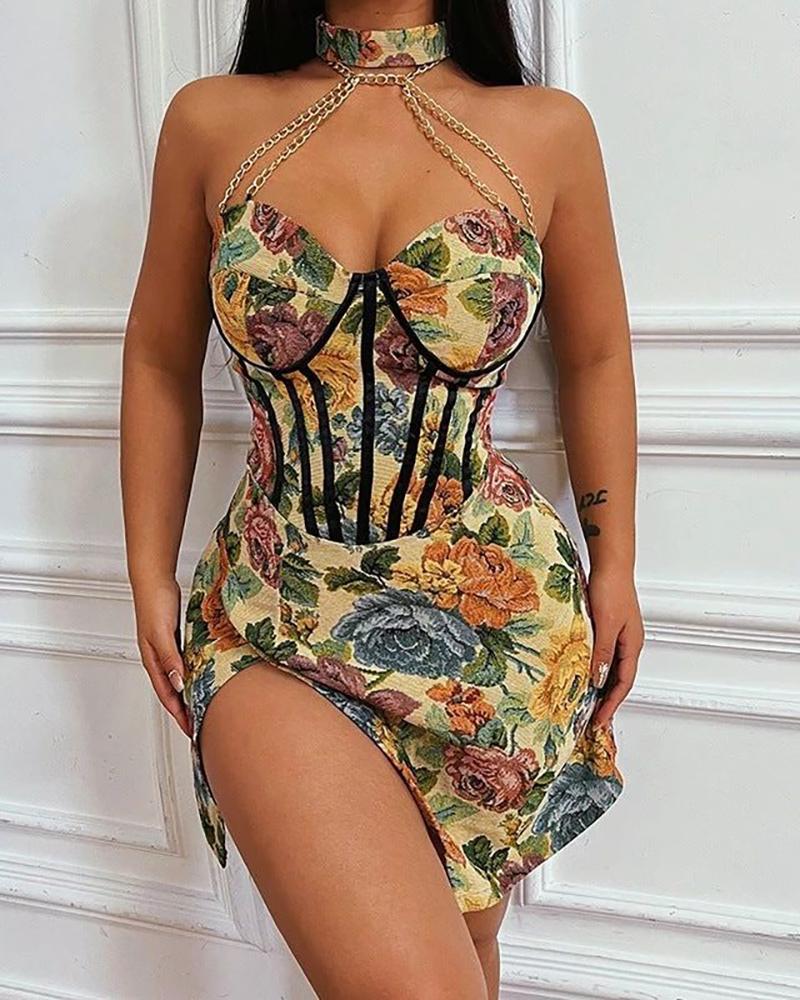 

Halter Chain Decor Floral Print Corset Dress, Khaki