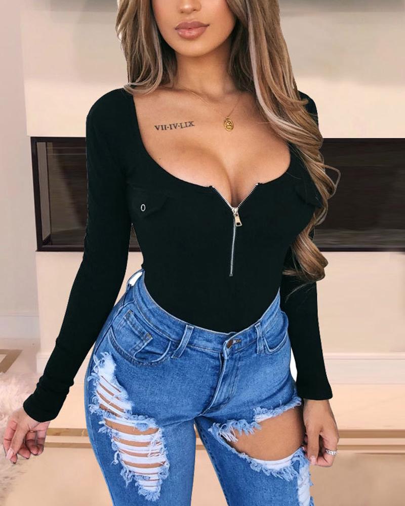 

Long Sleeve Zipper Front Bodysuit, Black