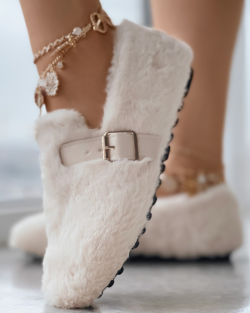 

Fuzzy Lined Slip On Buckled Loafers, Beige