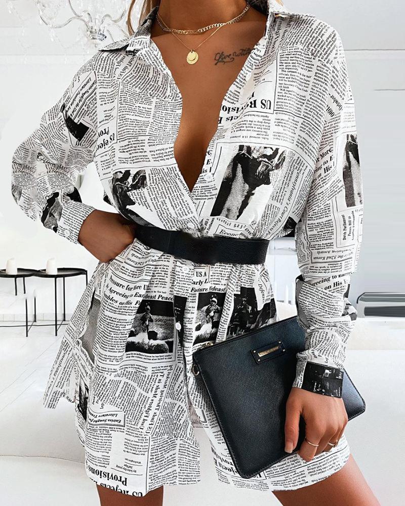 Newspaper Print Long Sleeve Buttoned Shirt Dress