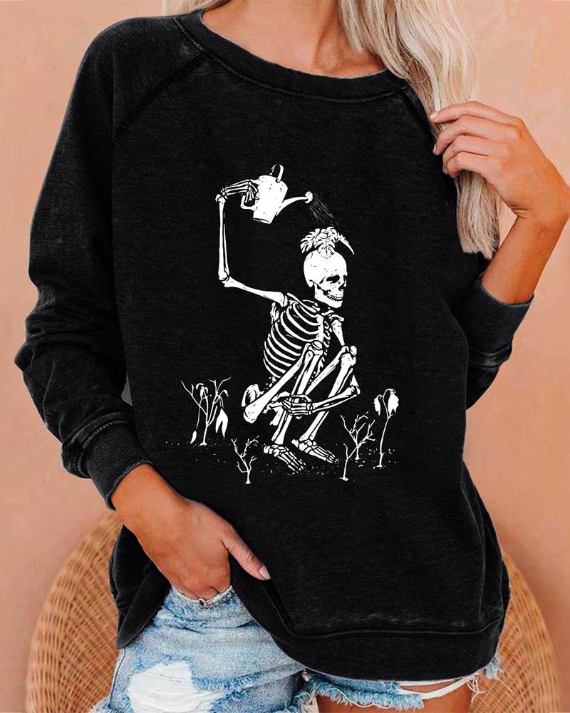 

Plus Size Halloween Skeleton Print Long Sleeve Sweatshirt, Black
