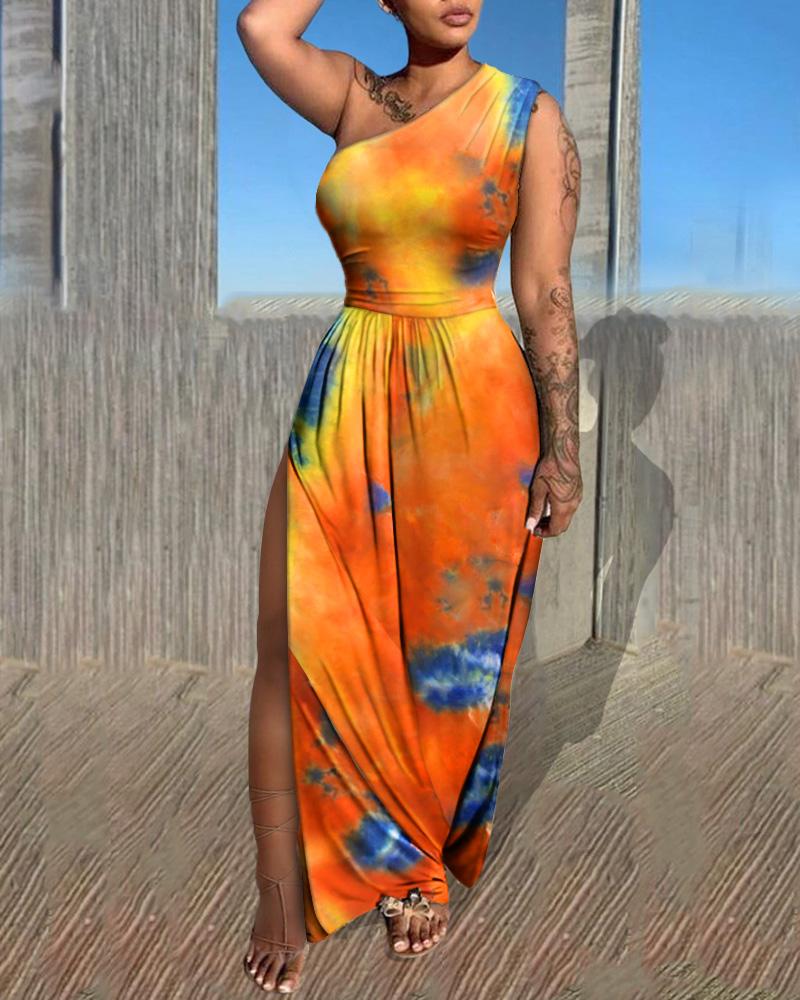 

One Shoulder Tie Dye Print Maxi Dress, Yellow