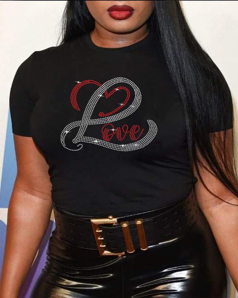 

Plus Size Love Heart Rhinestone Casual T-shirt, Black