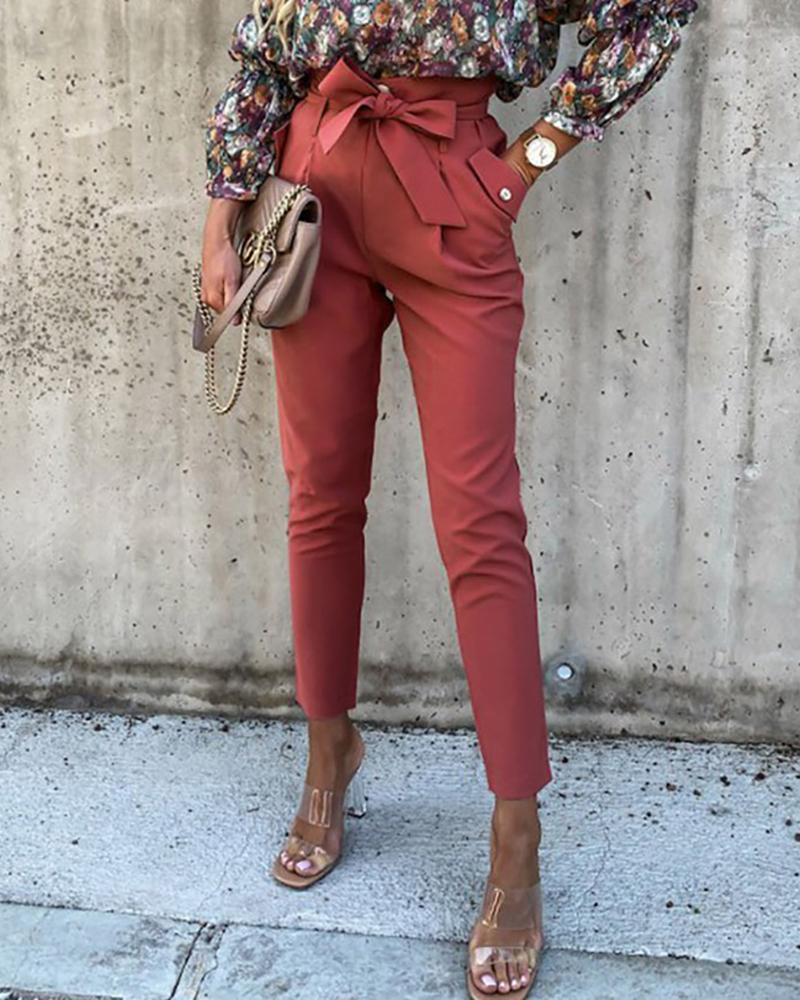 

Solid Pocket Design Casual Pants, Hot pink