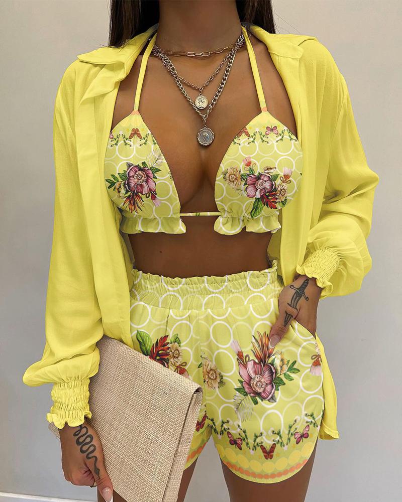 

3PCS Lantern Sleeve Shirt & Floral Print Shorts Set With Crop Top, Yellow