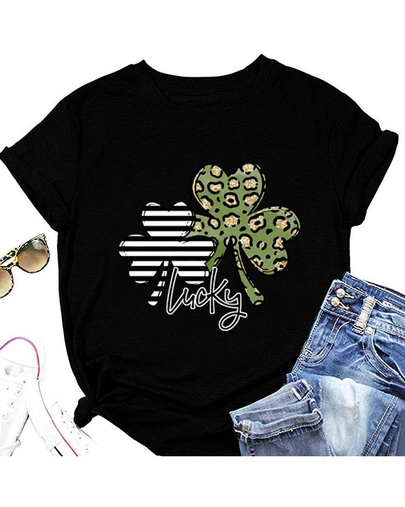 

St. Patrick' Day Letter Clover Print Casual T-shirt, Black