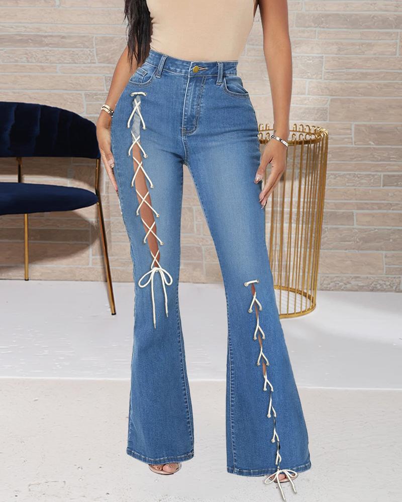 

Lace Up Tied Detail Flared Denim Pants, Blue