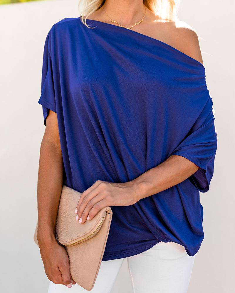 

Skew Neck Batwing Sleeve Solid Loose Tops, Blue