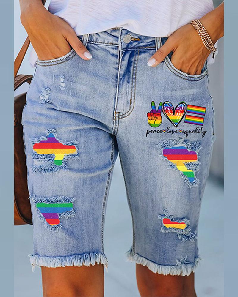 

Rainbow Stripe Graphic Heart Print Patchwork Raw Hem Denim Shorts, Blue