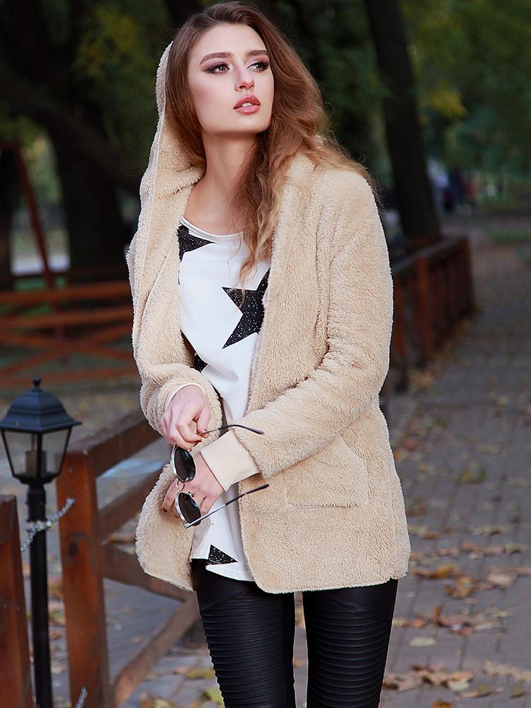

Warm Solid Pocket Design Hoodies Fluffy Coat, White;khaki;coffee;black;dark blue