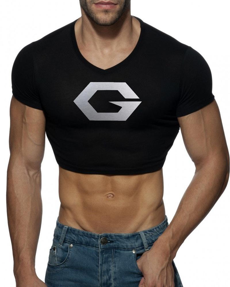 

Logo Print Short Sleeve Skinny Cropped Top, Black