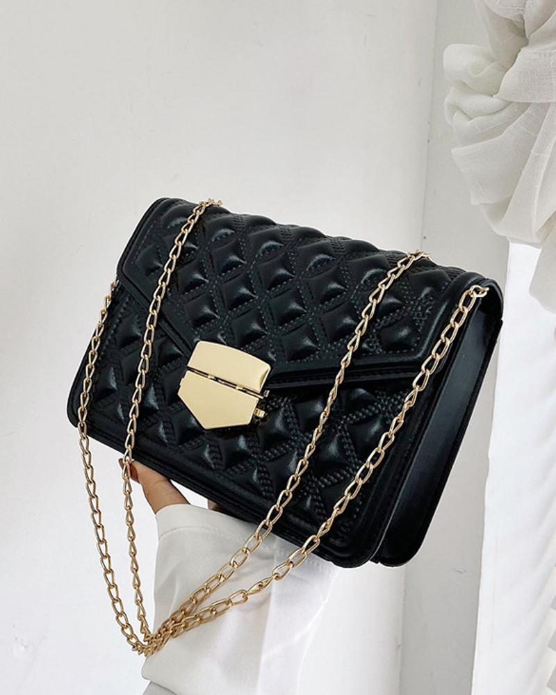 

Quilted Lock Chain Strap Flap Shoulder Bag, Black