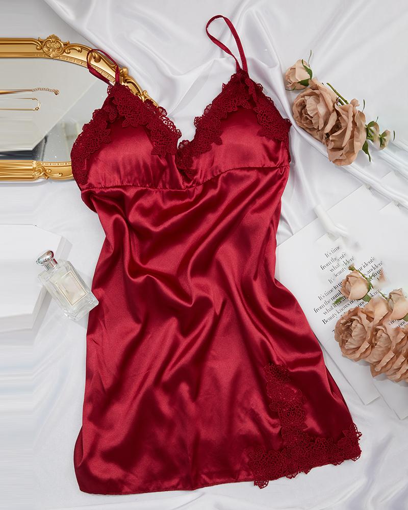 

Satin Spaghetti Strap Guipure Lace Patch Babydoll, Wine red