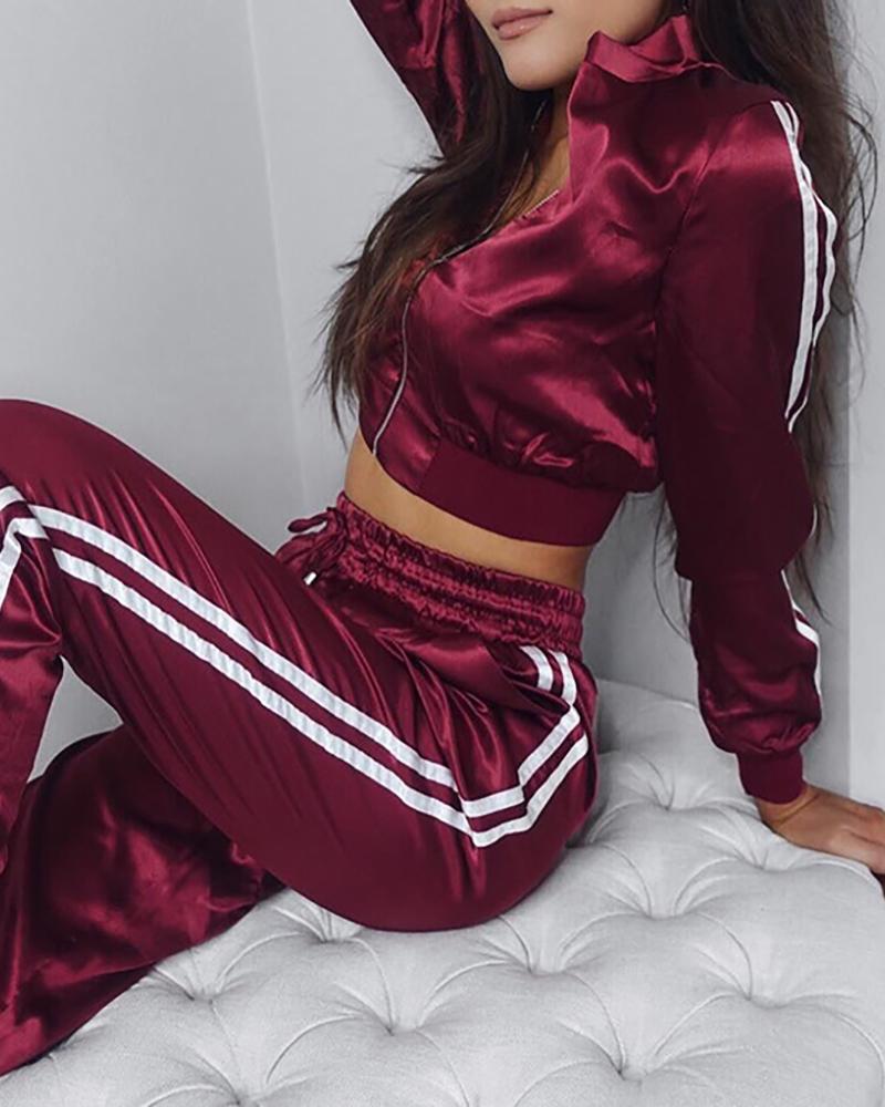 

Satin Zip Front Striped Crop Top & Pants Set, Wine red
