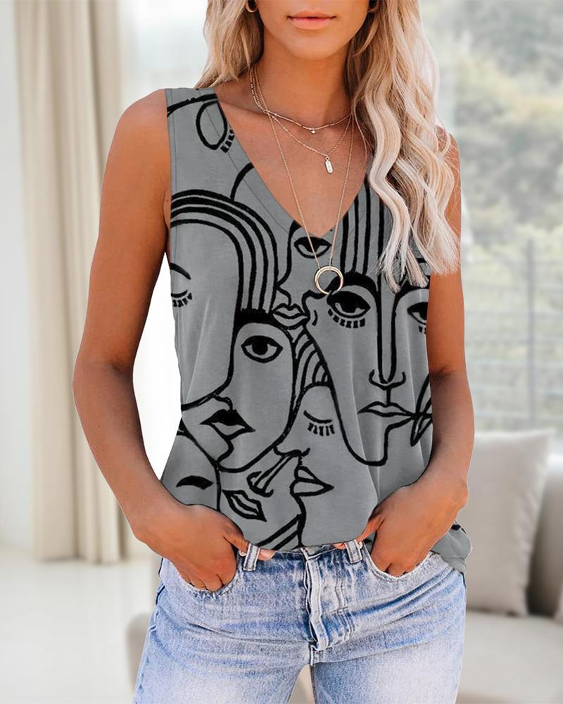 

Abstract Figure Print Casual Tank Top, Gray