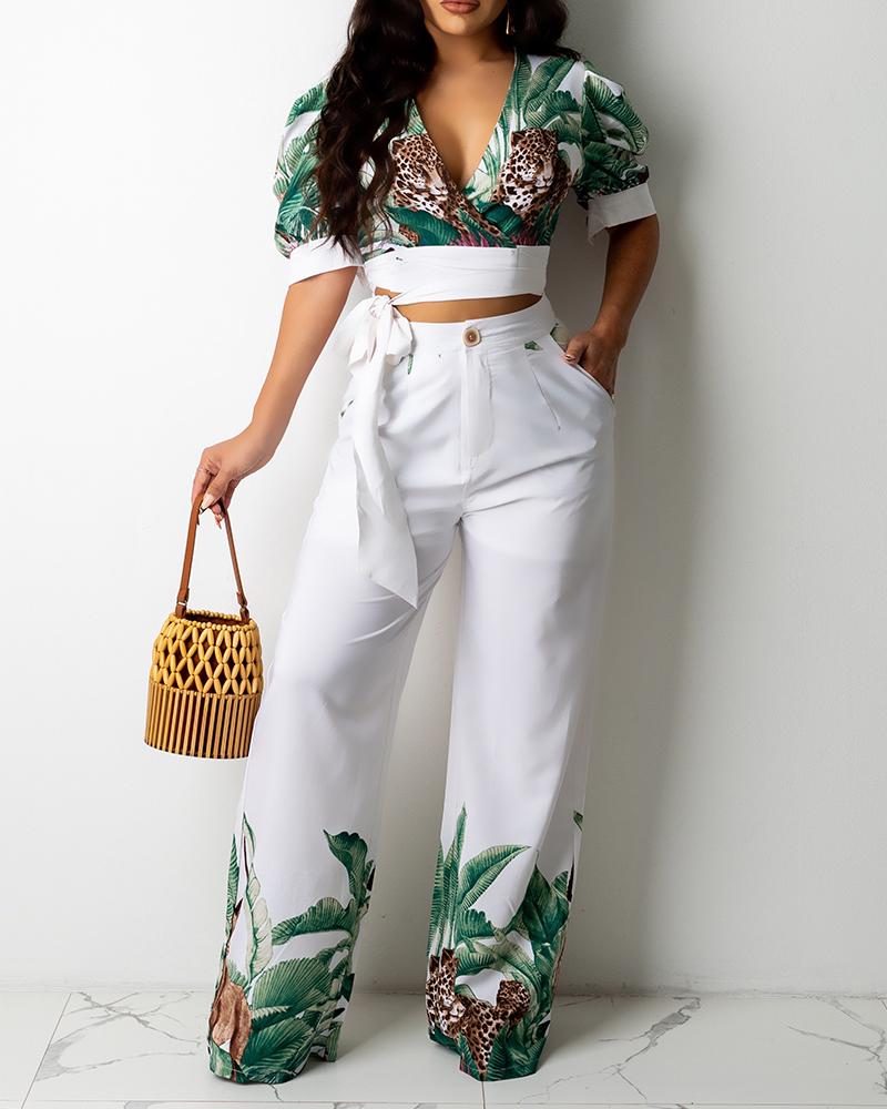 

Tropical Animal Print V-Neck Tie Front Crop Top & Wide Leg Pants Set, Style1