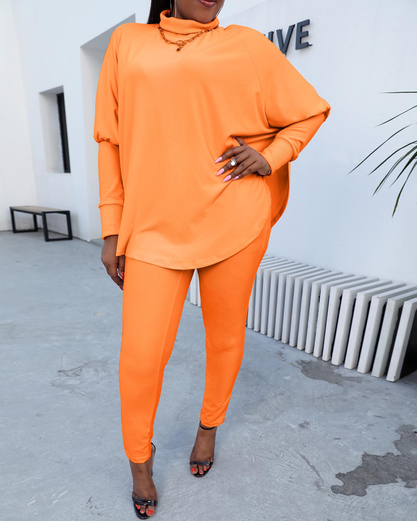 

High Neck Slit Top & Pants Set, Orange
