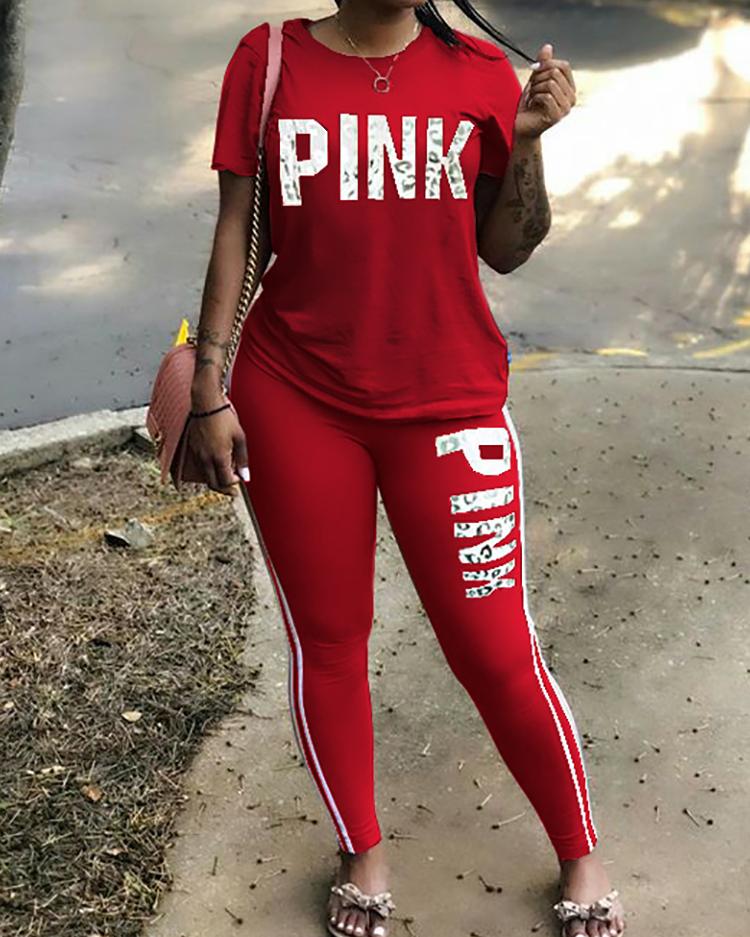 

Fashion Striped Letter Print T-shirt & Pants Set, Red