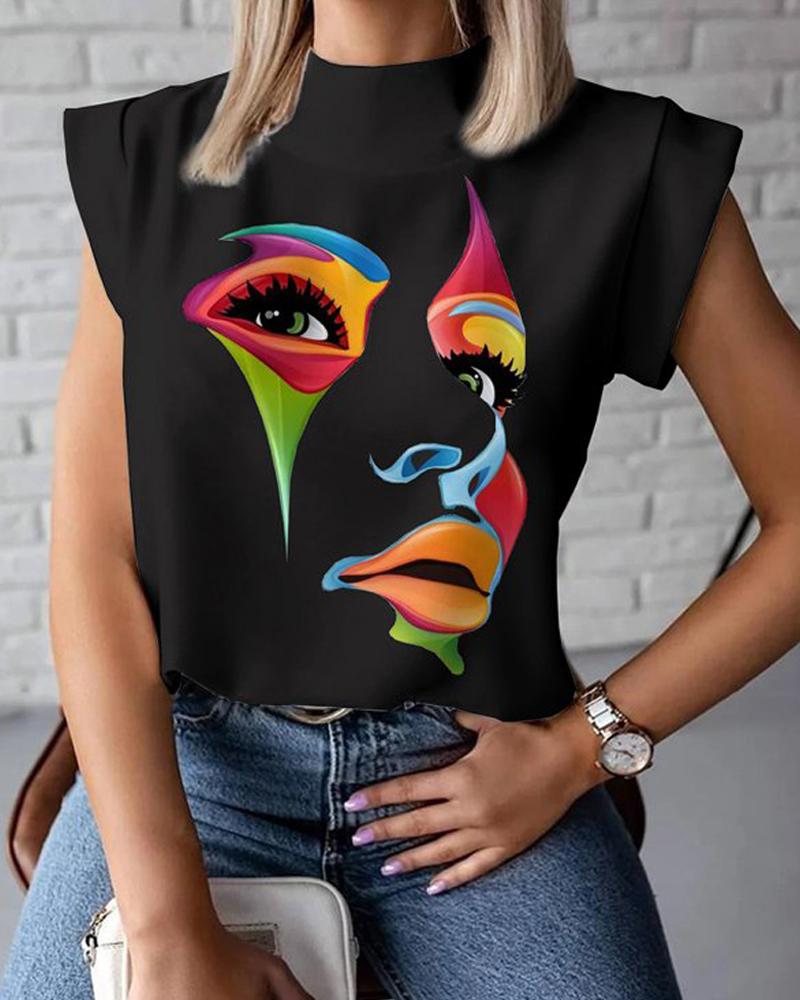 

Abstract Figure Print Casual Tank Top, Black
