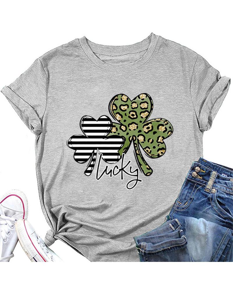 

St. Patrick' Day Letter Clover Print Casual T-shirt, Gray