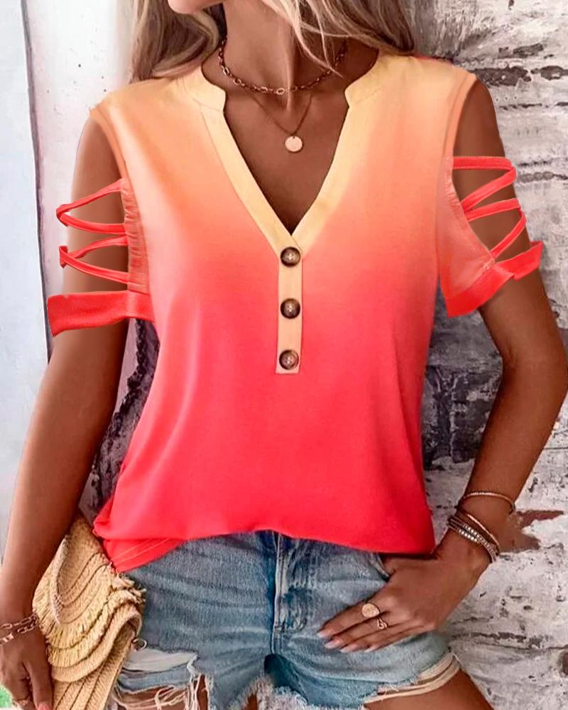 Cold Shoulder Ombre Crisscross Buttoned Casual T-shirt