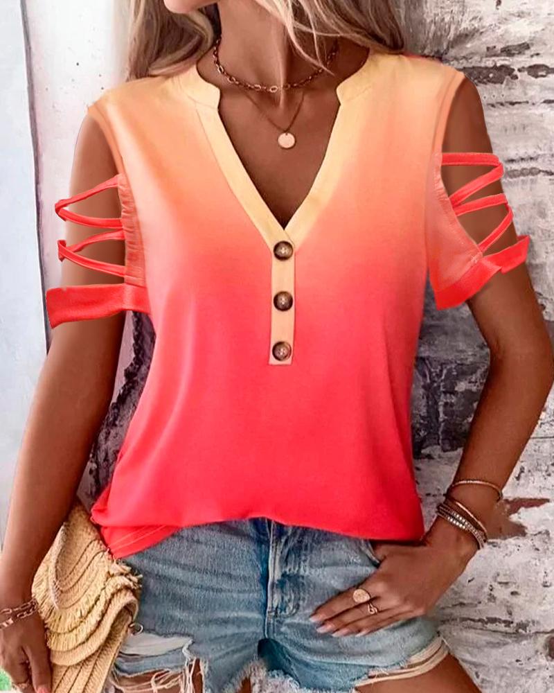 

Cold Shoulder Ombre Crisscross Buttoned Casual T-shirt, Multicolor