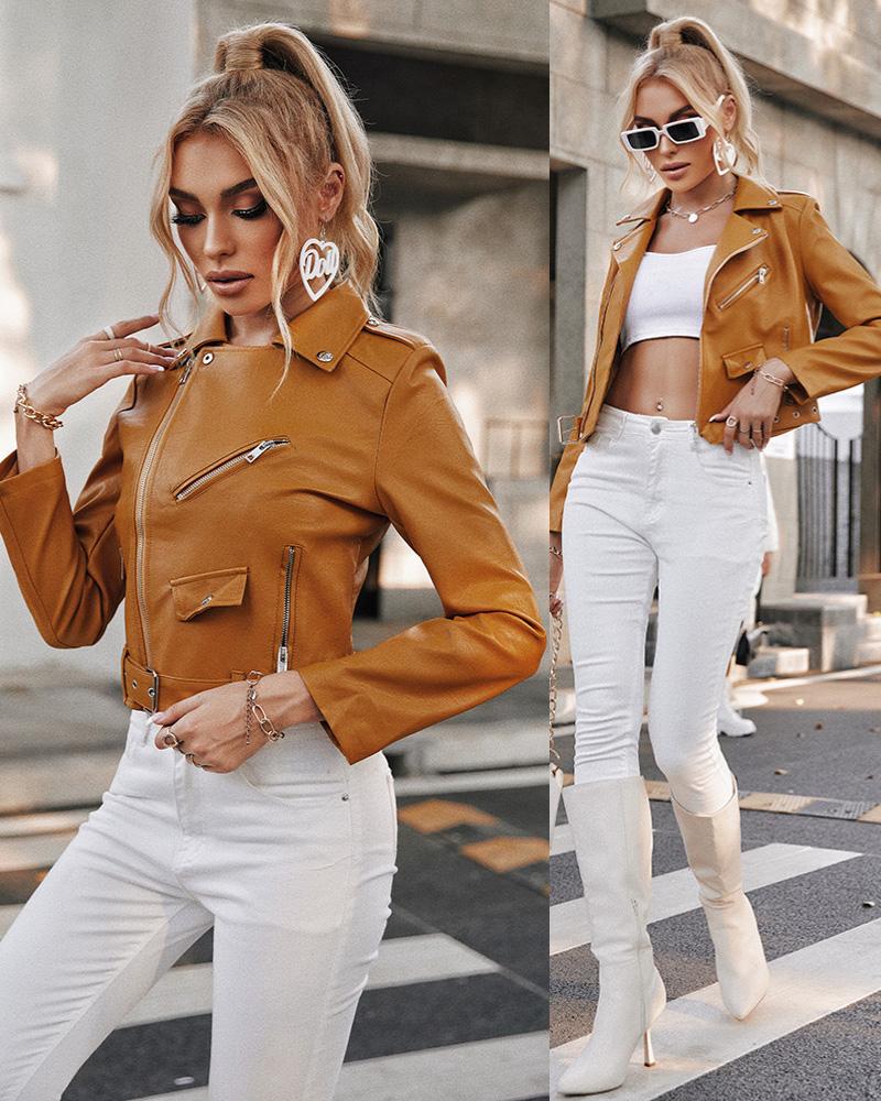

Zip Front PU Leather Eyelet Buckled Crop Biker Jacket, Yellow