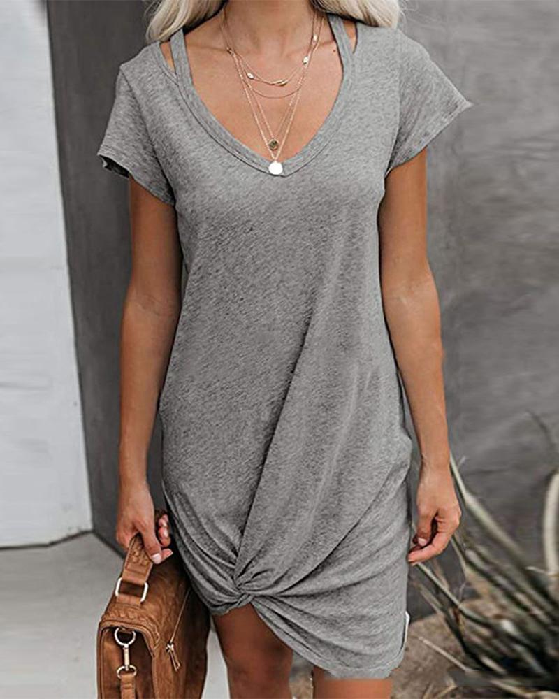 

Hollow Out Twist Hem Casual Dress, Gray
