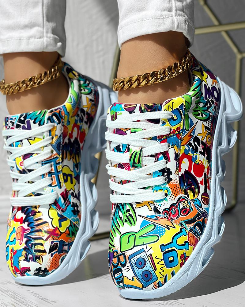 

Cartoon Print Round Toe Lace-up Sneakers, Multicolor