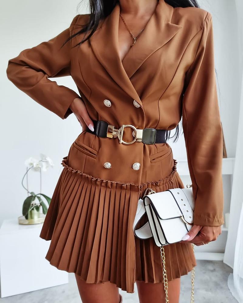 

Pleated Buttoned Frill Hem Blazer Dress Without Belt, Coffee