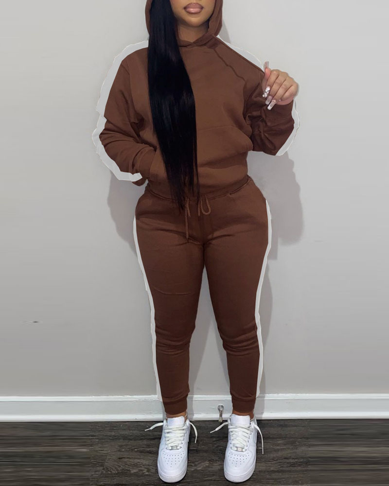 

Striped Trim Long Sleeve Drawstring Hoodie & Pants Set, Coffee