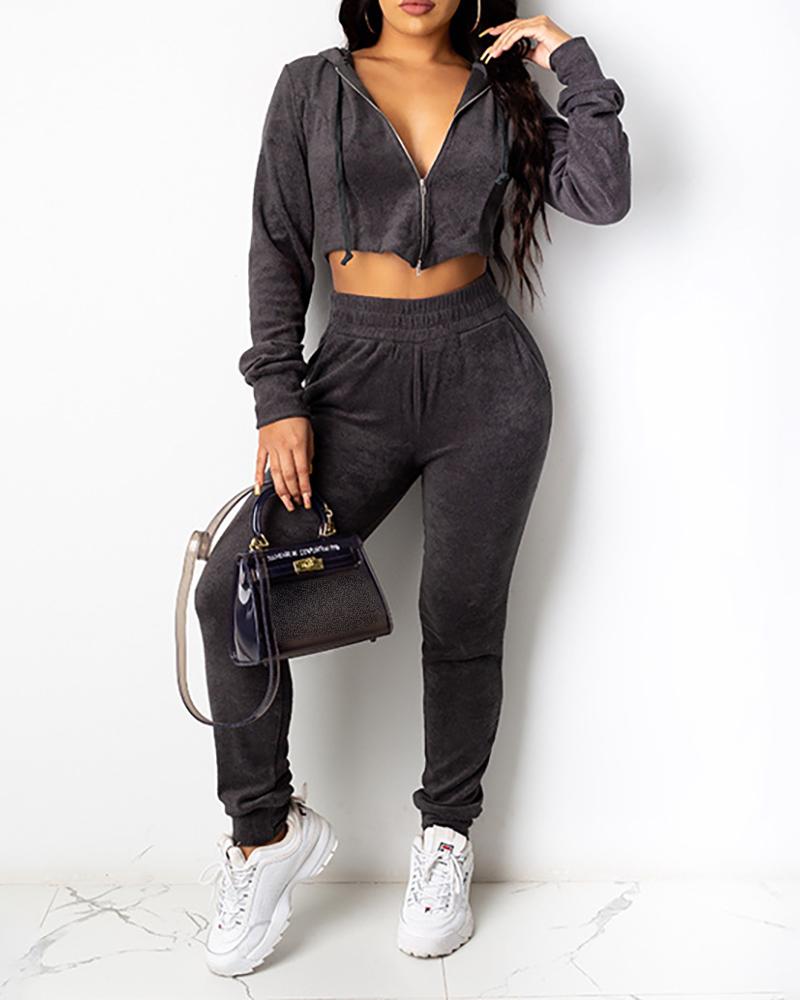 

Sporty Zipper Hooded Crop Top & Pants Set, Dark grey