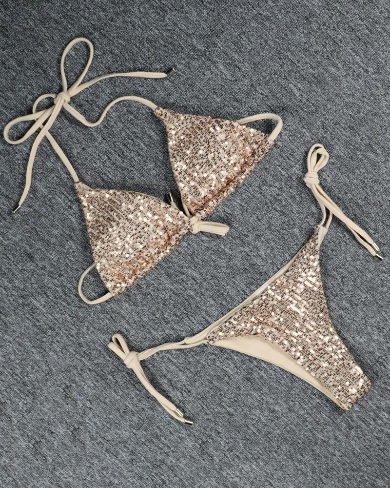 

Sequin Halter Tied Detail Bikini Set, Apricot