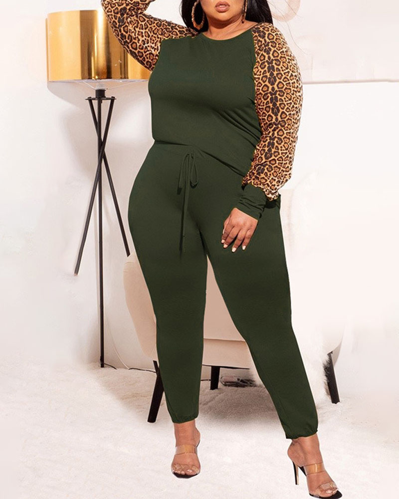 

Plus Size Leopard Print Long Sleeve Top & Pants Set, Green