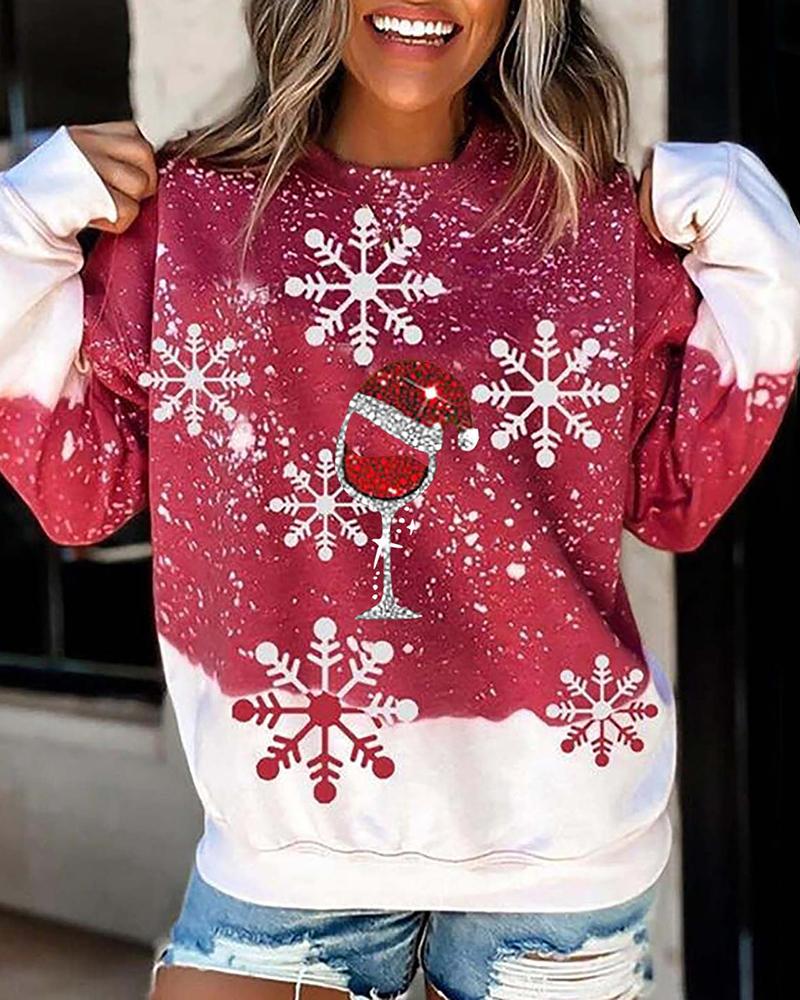 

Christmas Wine Glass Snowflake Print Sweatshirt, Red