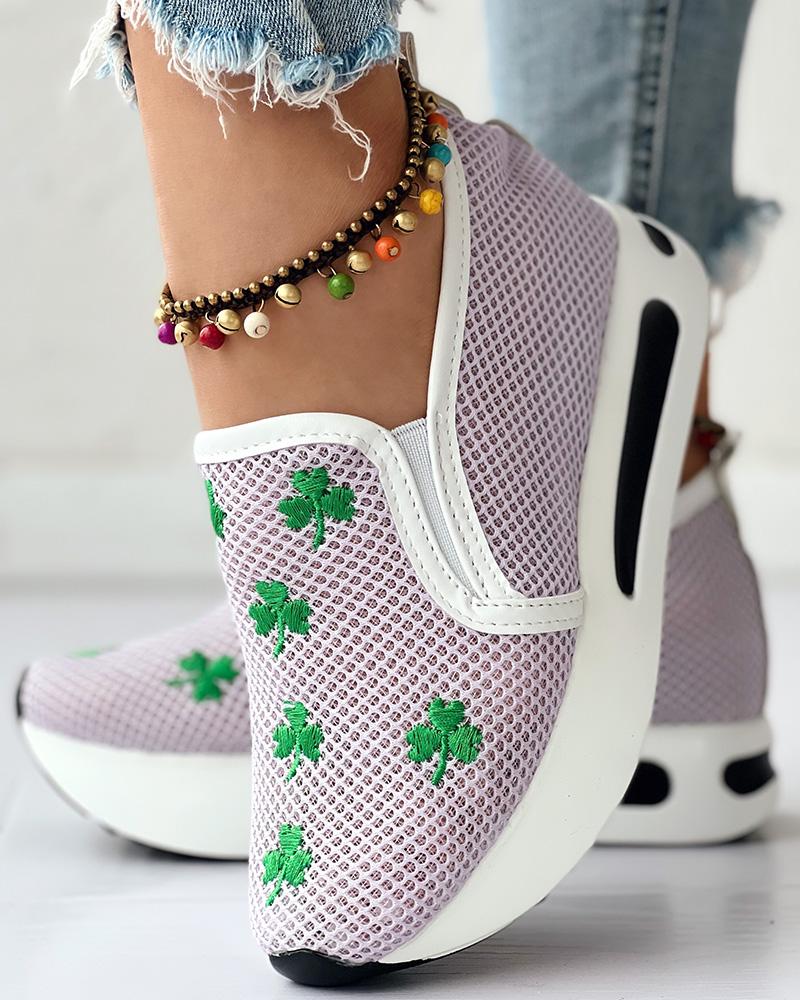 

St. Patrick's Day Clover Embroidery Hollow Out Muffin Sneakers, Green&purple